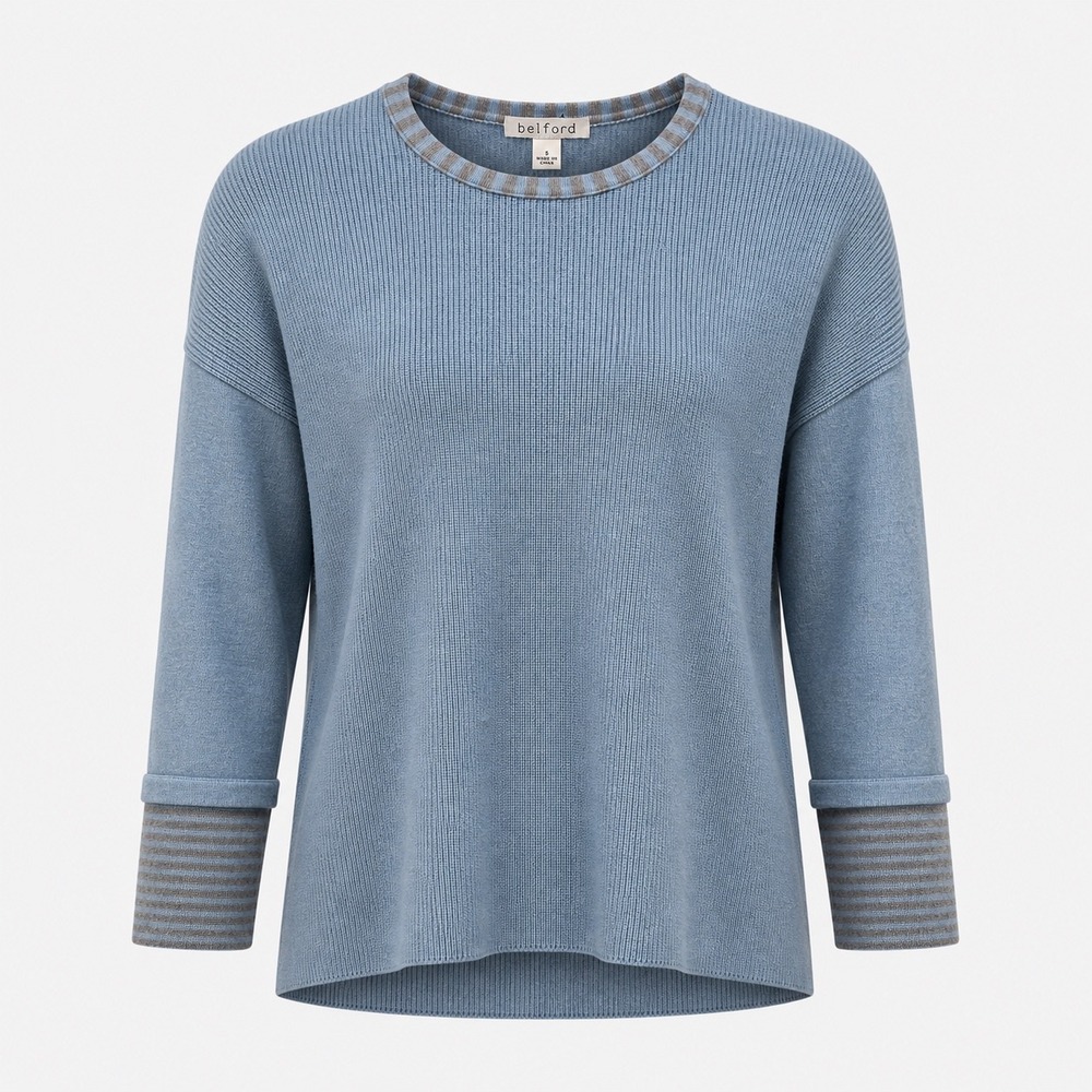 Belford 100% Cotton Rib Knit Sweater Womens S Blue Stripped Cuff Pullover Preppy